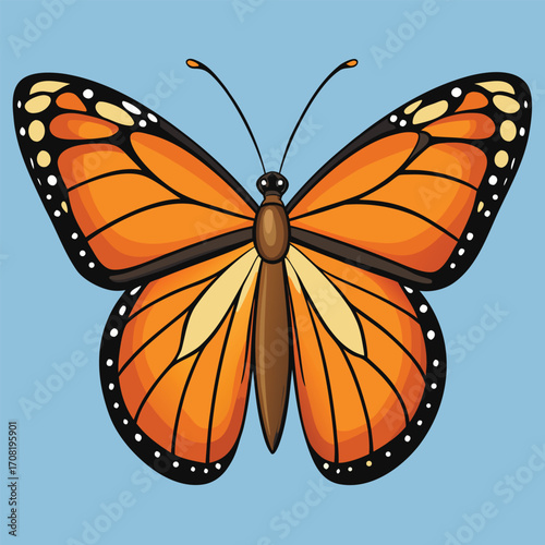 Monarch butterfly illustration with orange black and white wings on blue background Keywords: butterfly