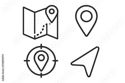 Navigation and map location icon set. GPS pointer, destination marker, and travel route pin. Simple line art for direction, positioning, and geo-targeting. Vector symbols.