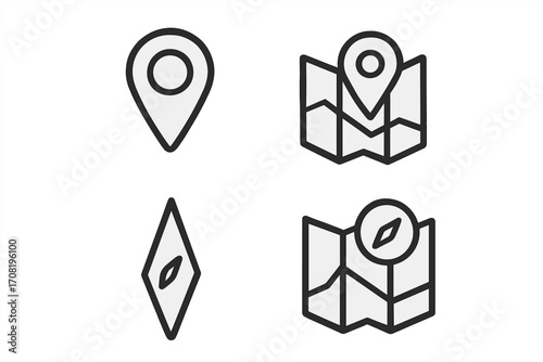 Vector icon set for navigation and location. Linear symbols collection with map, pointer, destination pin, and compass. Simple outline design for travel, route, and GPS concepts.