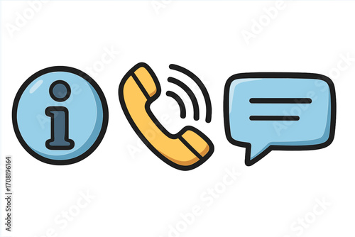 Contact us vector icon set. Customer service and support concept. Information, phone call, and message symbols. Cartoon illustration for web, hotline, helpdesk, and feedback.