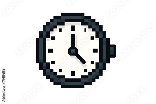 Pixel art clock icon. 8-bit retro timer symbol. Vector illustration for game design. Watch graphic element. Time management, deadline concept. Isolated on transparent background.