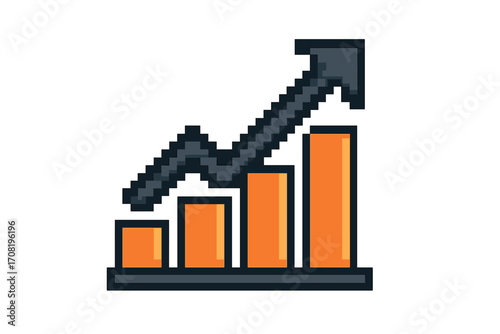 Pixel art bar chart with upward arrow. Business growth, financial success, profit increase concept. Data analytics, statistics graph. Retro 8-bit gaming style vector icon.
