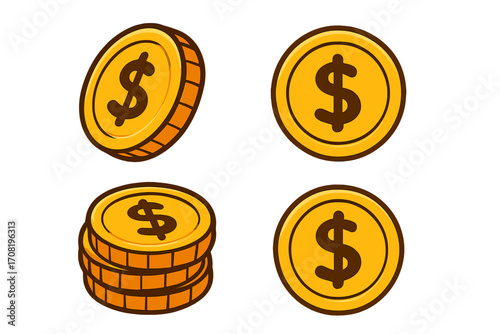 Vector cartoon gold coin icon set. Dollar sign money symbol for finance, investment, and payment. Golden currency illustration. Stack of cash for business profit and wealth.