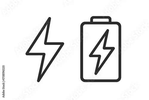Battery charging line icon set. Power energy symbol collection. Lightning bolt sign. Electric charge indicator. Fast charging technology concept. Accumulator pictogram.
