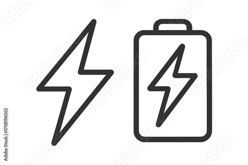 Energy power concept with battery charging icon and lightning bolt. Vector linear symbol set. Electric flash sign. Accumulator status indicator for mobile ui app or website.