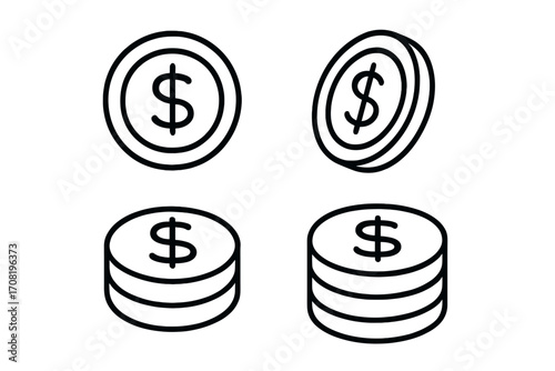 Dollar coin icon set. Money symbol collection. Linear finance icons. Cash, currency, payment, and savings concept. Vector outline illustration for banking, investment, profit.