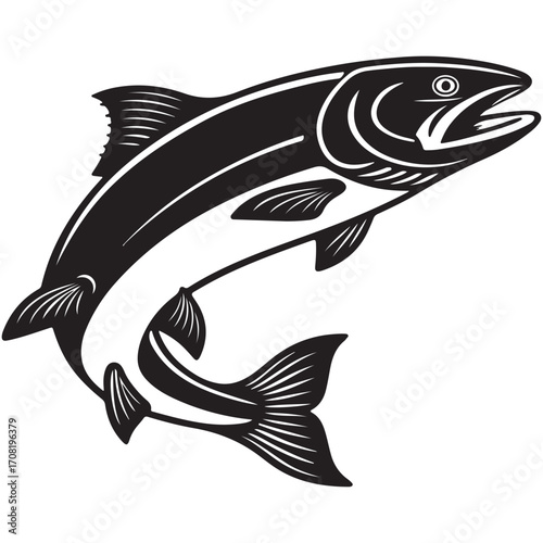 Stylized salmon fish jumping isolated on white background, a powerful and graceful creature of the river and ocean