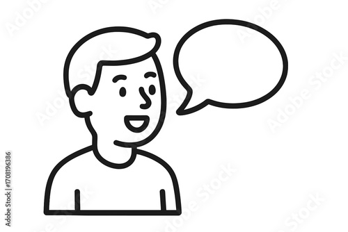 Man talking with a speech bubble, linear icon. Communication symbol for contact, customer support, feedback, or review. Person speaking for dialogue, announcement, or message.