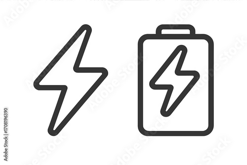 Lightning bolt and battery charging icon set. Simple linear symbol for fast charge technology. Vector illustration for power, energy, electricity, and accumulator concepts.