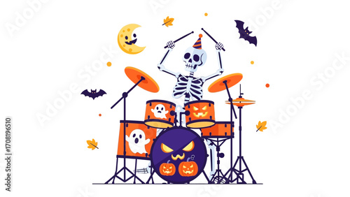 Spooky Rhythms: A lively skeleton musician rocks the Halloween night with an expressive drum performance.