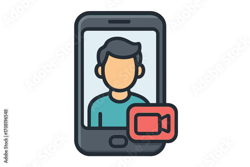 Video call icon on smartphone screen. Online conference, virtual meeting concept. Live stream, webinar symbol. Person avatar on mobile display. Remote communication vector.