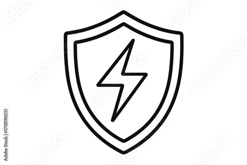 Electricity protection shield with lightning bolt. Power energy security icon. Concept of electric safety, insurance, and defense. Voltage charge guard sign. Minimal line art logo.