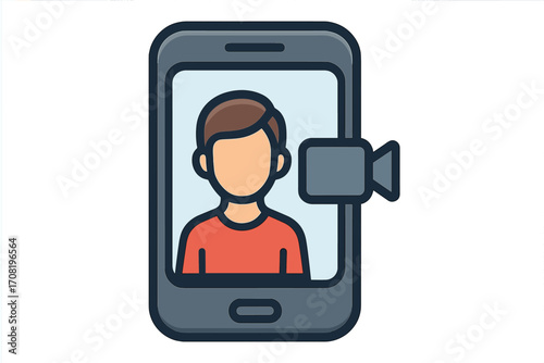 Video call on smartphone screen. Online conference and web meeting concept. Person character on video chat. Live streaming, vlogging, remote work. Mobile communication vector.