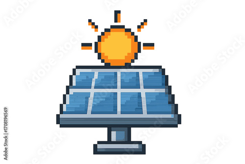 Solar panel with sun pixel art icon. Concept for renewable energy and green technology. Eco friendly power source vector illustration. 8-bit sustainability symbol cartoon.