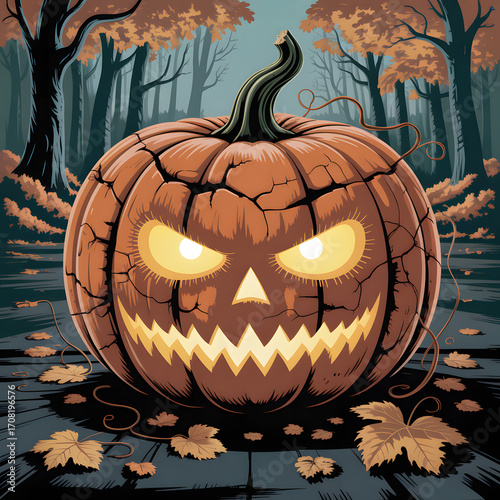 Spooky jack o lantern halloween pumpkin in a dark forest