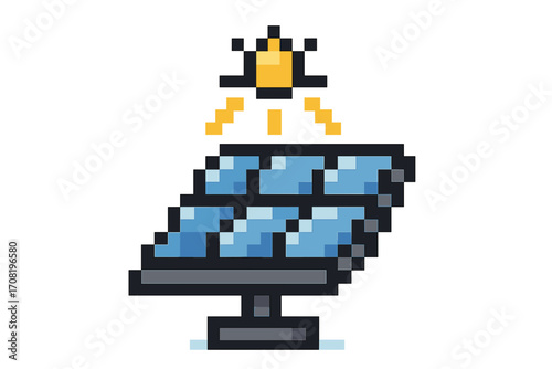 Solar panel pixel art icon. 8-bit retro video game style vector illustration. Sun energy, renewable, sustainable, eco friendly power concept. Clean electricity technology.
