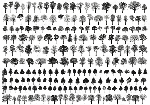 Vector art of extensive collection of diverse tree species in silhouette, presented on a, ideal for graphic design and botanical illustrations
