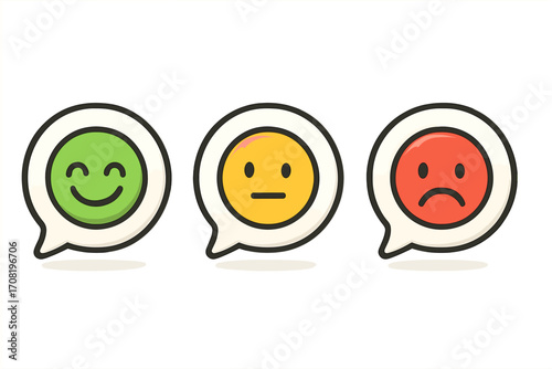 Customer review icon set. Feedback emoticons for satisfaction rating. Happy, neutral, sad face in speech bubble. Survey poll symbol. Positive, negative opinion vector.