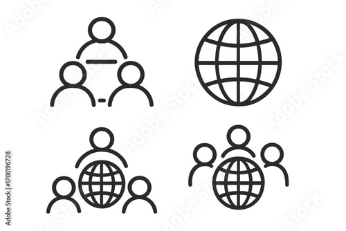 Global business icon set. People network, teamwork, community concept. International communication, partnership. Globe and people symbol. Social connection pictogram vector.