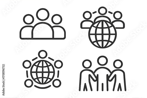 People icon set for teamwork, community, and global business. Vector line art of group collaboration, social network, and partnership symbols. Concept of international company.
