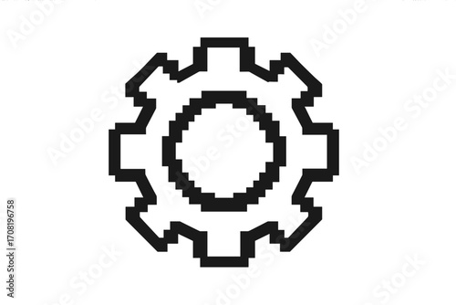 Gear icon in pixel art style. Cogwheel or cog vector for settings and options menu. 8-bit retro game UI element. Engineering, mechanical, or industrial technology symbol.