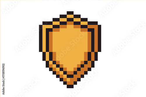 Pixel art shield icon. 8-bit retro video game asset. Golden medieval fantasy armor for protection. Security and safety symbol. Isolated vector illustration graphic element.