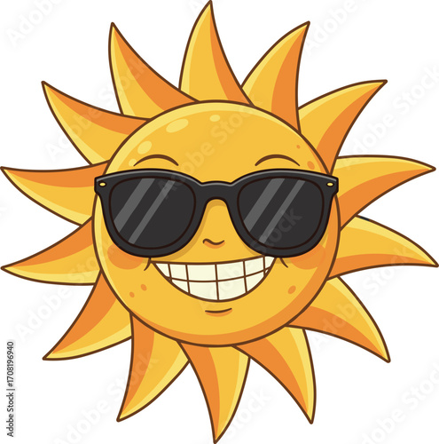 Smiling sun with sunglasses, perfect for sunny day or summertime.  The cartoon sun is wearing black shades and has a friendly expression