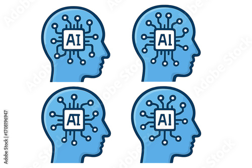 Artificial intelligence icon. AI head concept. Human brain with computer chip inside. Machine learning, technology, robot mind. Vector symbol for neural network, data science.