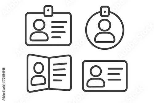 ID card and passport vector icon set. Linear symbols for personal identification, identity verification, security access badge, and driver license. User profile and contact data.