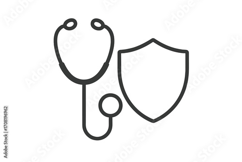 Health insurance icon. Stethoscope and shield. Medical protection and security symbol. Healthcare safety concept. Doctor care guarantee. Medicine diagnostic logo. Vector line pictogram.