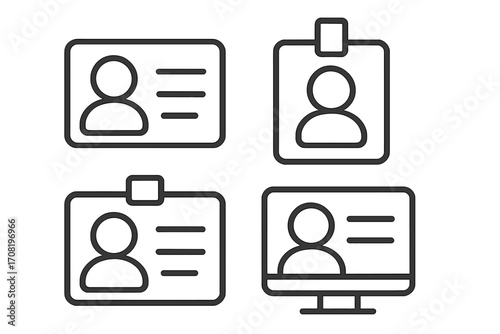 Identification line icon set. Concepts for ID card, user profile, access badge, and personal data. Vector illustration for identity verification, account login, and security.