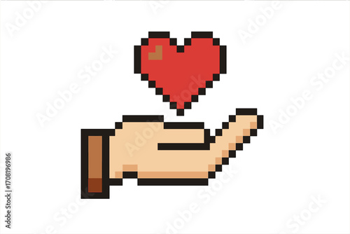 Pixel art heart in hand. 8 bit retro video game style. Love, care, health, donation and charity concept. Vector icon for valentine's day, social media, like symbol.