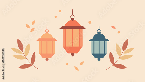 Peaceful illustration of hanging lanterns with delicate leaves vector art scalable eps for decoration