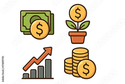 Investment icon set. Finance concept. Money growth symbol collection. Vector cartoon illustration of rising chart, money tree, cash banknotes, and stacked dollar coins.
