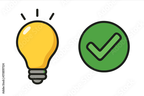 Good idea concept. Light bulb with green check mark. Approved solution symbol. Creative thinking and innovation validated. Vector icon for success and problem-solving.