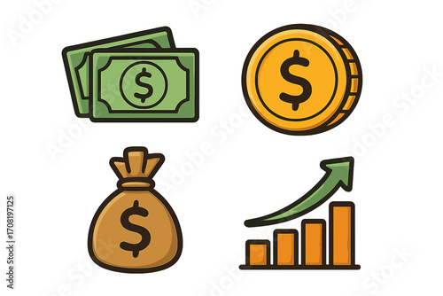 Finance and investment icon set. Vector cartoon illustration of money growth, profit, and savings. Includes cash, dollar coin, money bag, and growth chart symbols.