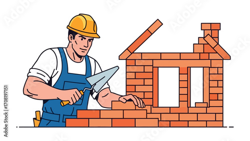 Craftsman Building a Brick Structure: A skilled construction worker meticulously lays bricks, constructing a miniature house, symbolizing craftsmanship and building expertise.