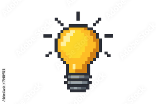 Pixel art light bulb icon for retro video game. 8-bit graphic design element. Creative idea, innovation, and solution concept. Electricity and energy symbol. Cartoon vector.