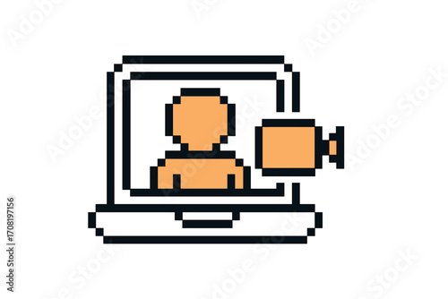 Video conference pixel art icon. Online meeting, webinar, and remote work concept. Laptop with person and camera symbol. 8-bit retro digital communication vector illustration.