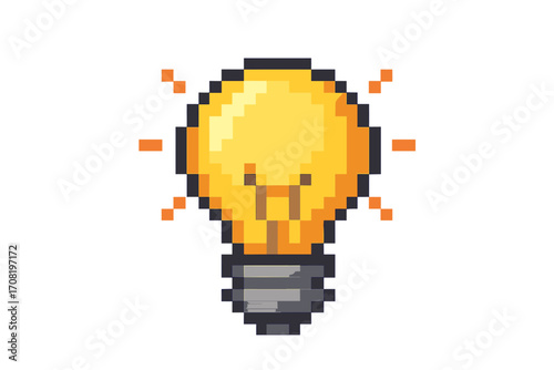 Pixel art light bulb icon. 8-bit retro video game asset. Symbol of idea, creativity, and innovation. Shining lamp for energy, electricity, and solution concepts. Isolated vector.
