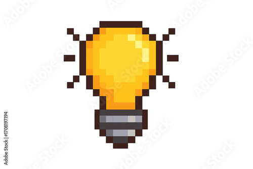 Pixel art light bulb icon. 8-bit retro video game asset. Symbol of idea, creativity, solution, innovation, and energy. Glowing electric lamp vector illustration.