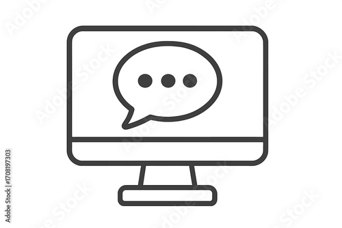 Chat bubble on computer monitor screen. Online communication, messaging, forum, support concept. Dialogue, conversation, talk sign. Linear vector icon illustration.