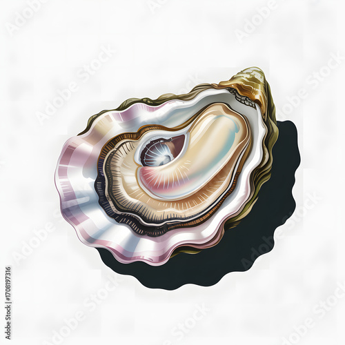Close up of a fresh open oyster on a white background with shadow