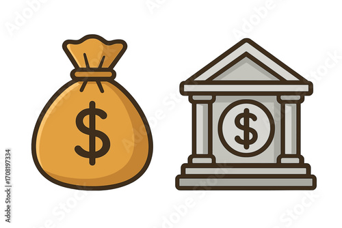 Money bag and bank building icon set. Vector cartoon illustration for finance, investment, savings, and wealth concepts. Dollar sign symbol for currency, economy, and payment.