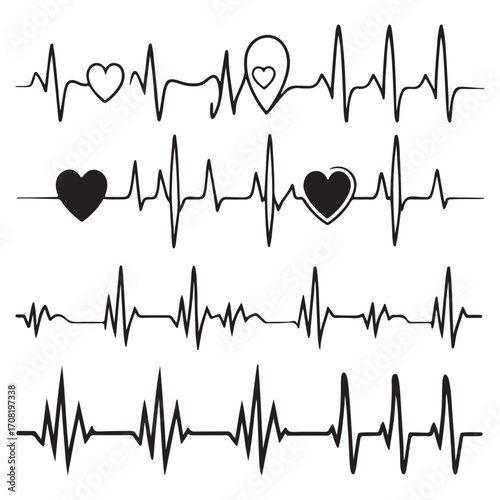 Heartbeat lines with heart shapes isolated on white background, representing love, health, and the rhythm of life in red color