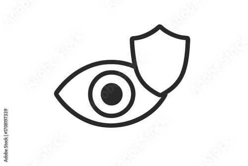 Eye protection icon. Vision care and security concept. Health insurance symbol. Medical shield for ophthalmology. Line art for web, app, graphic design. Vector illustration.