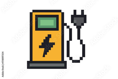 Electric car charging station pixel art icon. EV charger pump vector illustration. 8-bit retro game sprite. Eco transport, green energy, sustainability, battery recharge concept.