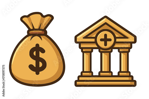 Money bag with dollar sign and bank building icon set. Vector cartoon illustration for finance, investment, savings, and loan concepts. Symbol for wealth, economy, cash.