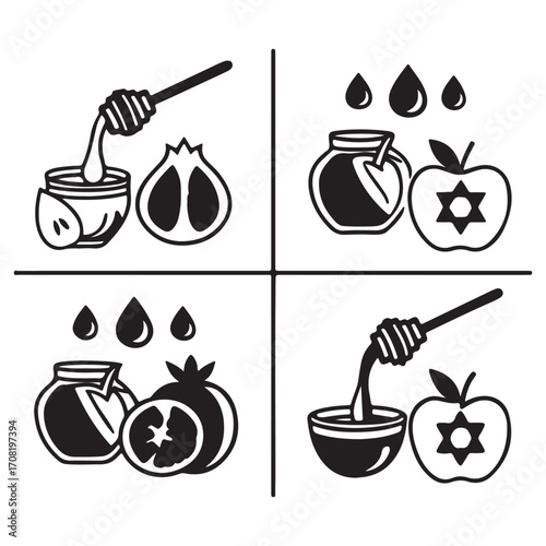 Rosh hashanah symbols in black and white isolated on white background, featuring honey, apple, pomegranate, and jewish star