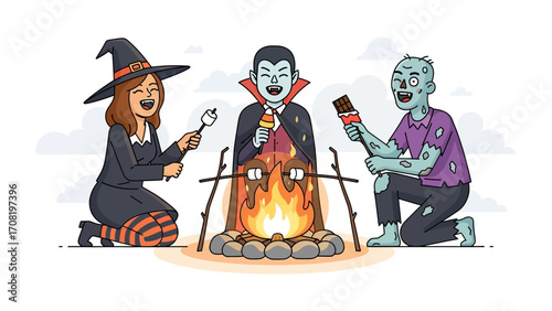 Halloween Campfire Gathering: A whimsical illustration features a witch, vampire, and zombie gathered around a crackling campfire, roasting marshmallows and chocolate.